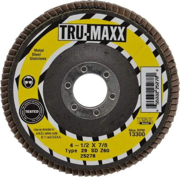 Tru-Maxx - 60 Grit, 4-1/2" Disc Diam, 7/8" Center Hole, Type 29 Zirconia Alumina Flap Disc - 13,300 Max RPM, Arbor Attaching System, Coated - Exact Tool & Supply