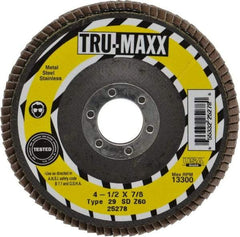 Tru-Maxx - 60 Grit, 4-1/2" Disc Diam, 7/8" Center Hole, Type 29 Zirconia Alumina Flap Disc - 13,300 Max RPM, Arbor Attaching System, Coated - Exact Tool & Supply