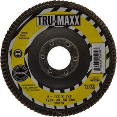 Tru-Maxx - 80 Grit, 4-1/2" Disc Diam, 7/8" Center Hole, Type 29 Zirconia Alumina Flap Disc - 13,300 Max RPM, Arbor Attaching System, Coated - Exact Tool & Supply