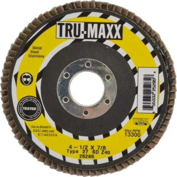 Tru-Maxx - 40 Grit, 4-1/2" Disc Diam, 7/8" Center Hole, Type 27 Zirconia Alumina Flap Disc - 13,300 Max RPM, Arbor Attaching System, Coated - Exact Tool & Supply