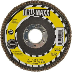 Tru-Maxx - 40 Grit, 4-1/2" Disc Diam, 7/8" Center Hole, Type 27 Zirconia Alumina Flap Disc - 13,300 Max RPM, Arbor Attaching System, Coated - Exact Tool & Supply