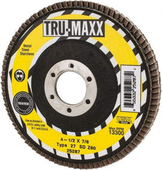 Tru-Maxx - 80 Grit, 4-1/2" Disc Diam, 7/8" Center Hole, Type 27 Zirconia Alumina Flap Disc - 13,300 Max RPM, Arbor Attaching System, Coated - Exact Tool & Supply