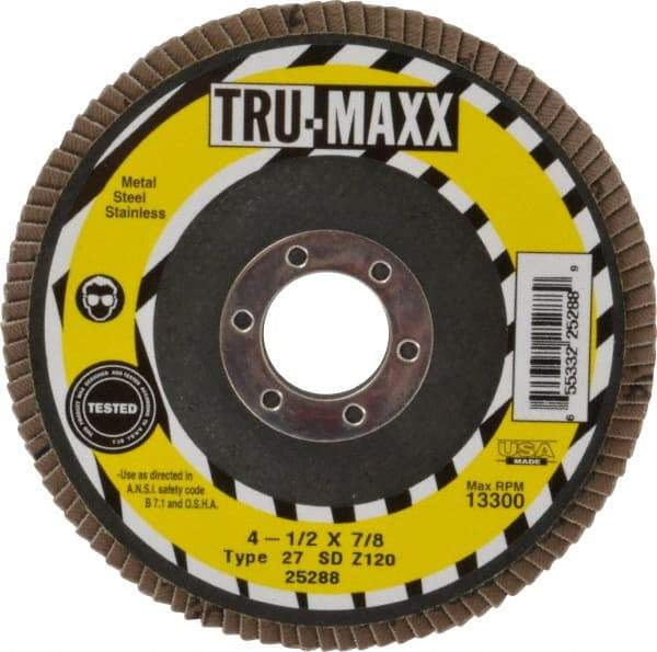 Tru-Maxx - 120 Grit, 4-1/2" Disc Diam, 7/8" Center Hole, Type 27 Zirconia Alumina Flap Disc - 13,300 Max RPM, Arbor Attaching System, Coated - Exact Tool & Supply