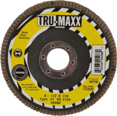 Tru-Maxx - 120 Grit, 4-1/2" Disc Diam, 7/8" Center Hole, Type 27 Zirconia Alumina Flap Disc - 13,300 Max RPM, Arbor Attaching System, Coated - Exact Tool & Supply