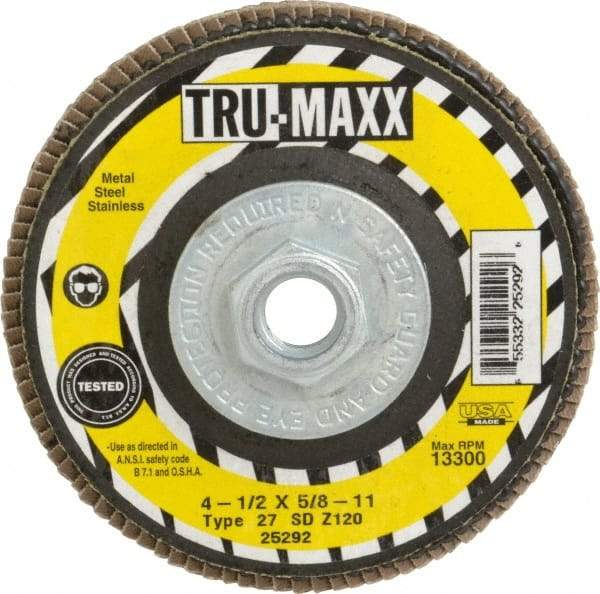 Tru-Maxx - 120 Grit, 4-1/2" Disc Diam, 5/8-11 Center Hole, Type 27 Zirconia Alumina Flap Disc - 13,300 Max RPM, Arbor Attaching System, Coated - Exact Tool & Supply