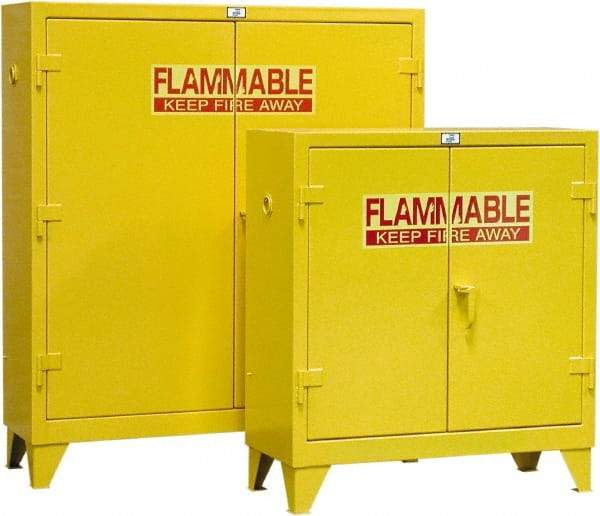 Strong Hold - 2 Door, 3 Shelf, Yellow Steel Standard Safety Cabinet for Flammable and Combustible Liquids - 65" High x 58" Wide x 18" Deep, Manual Closing Door, 60 Gal Capacity - Exact Tool & Supply