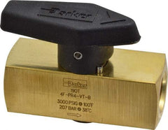Parker - 1/4" Pipe, 3,000 psi WOG Rating, Brass, Inline, One Way Instrumentation Plug Valve - Wedge Handle, FNPT x FNPT End Connections, Viton Seal - Exact Tool & Supply
