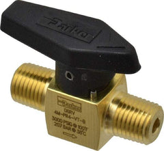 Parker - 1/4" Pipe, 3,000 psi WOG Rating, Brass, Inline, One Way Instrumentation Plug Valve - Wedge Handle, MNPT x MNPT End Connections, Viton Seal - Exact Tool & Supply
