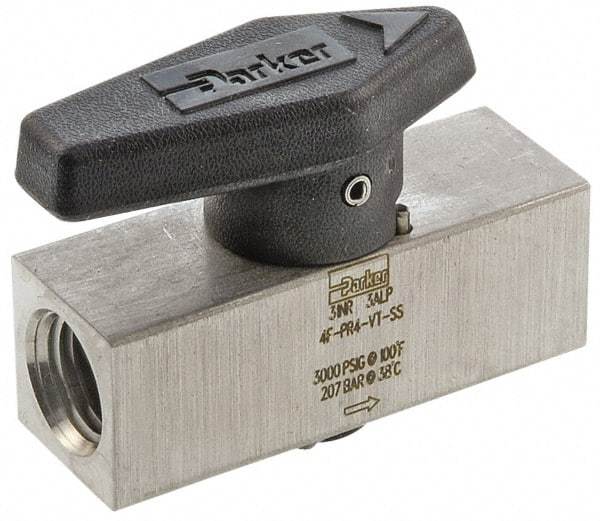 Parker - 1/2" Pipe, 3,000 psi WOG Rating, 316 Stainless Steel, Inline, One Way Instrumentation Plug Valve - Wedge Handle, FNPT x FNPT End Connections, Viton Seal - Exact Tool & Supply
