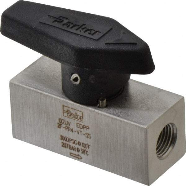 Parker - 1/8" Pipe, 3,000 psi WOG Rating, 316 Stainless Steel, Inline, One Way Instrumentation Plug Valve - Wedge Handle, FNPT x FNPT End Connections, Viton Seal - Exact Tool & Supply