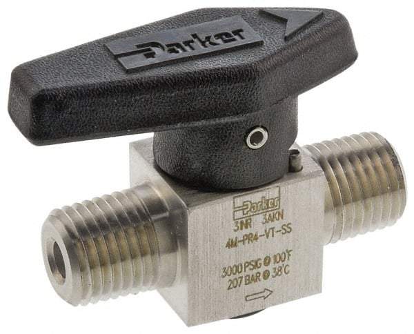 Parker - 1/8" Pipe, 3,000 psi WOG Rating, 316 Stainless Steel, Inline, One Way Instrumentation Plug Valve - Wedge Handle, MNPT x MNPT End Connections, Viton Seal - Exact Tool & Supply
