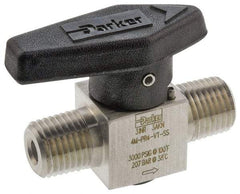 Parker - 1/2" Pipe, 3,000 psi WOG Rating, 316 Stainless Steel, Inline, One Way Instrumentation Plug Valve - Wedge Handle, MNPT x MNPT End Connections, Viton Seal - Exact Tool & Supply