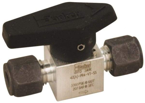 Parker - 1/2" Pipe, 3,000 psi WOG Rating, 316 Stainless Steel, Inline, One Way Instrumentation Plug Valve - Wedge Handle, Compression x Compression CPI End Connections, Viton Seal - Exact Tool & Supply
