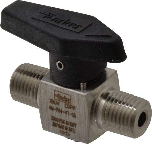 Parker - 1/4" Pipe, 3,000 psi WOG Rating, 316 Stainless Steel, Inline, One Way Instrumentation Plug Valve - Wedge Handle, MNPT x MNPT End Connections, Viton Seal - Exact Tool & Supply