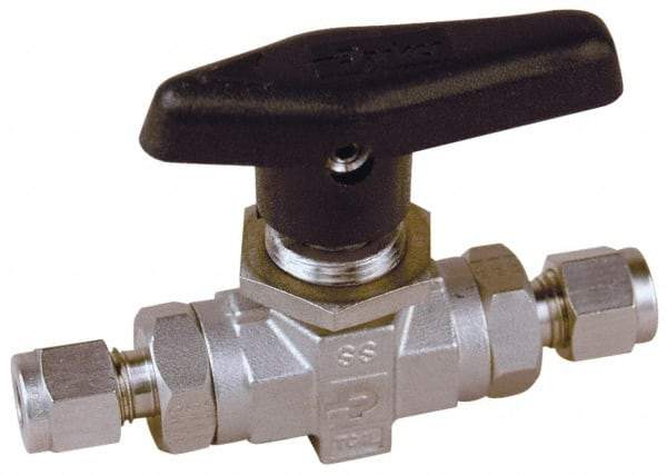 Parker - 1/2" Pipe, Stainless Steel, Inline, Two Way Flow, Instrumentation Ball Valve - 6,000 psi WOG Rating, Wedge Handle, PTFE Seal, PTFE Seat - Exact Tool & Supply
