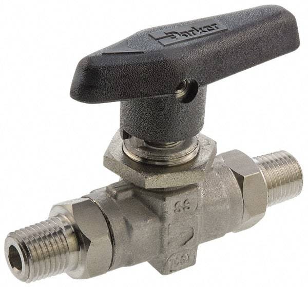 Parker - 1/8" Pipe, MNPT x MNPT End Connections, Stainless Steel, Inline, Two Way Flow, Instrumentation Ball Valve - 6,000 psi WOG Rating, Wedge Handle, PTFE Seal, PTFE Seat - Exact Tool & Supply