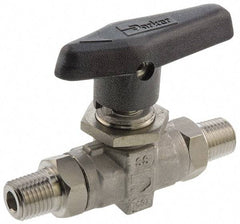 Parker - 3/8" Pipe, MNPT x MNPT End Connections, Stainless Steel, Inline, Two Way Flow, Instrumentation Ball Valve - 6,000 psi WOG Rating, Wedge Handle, PTFE Seal, PTFE Seat - Exact Tool & Supply