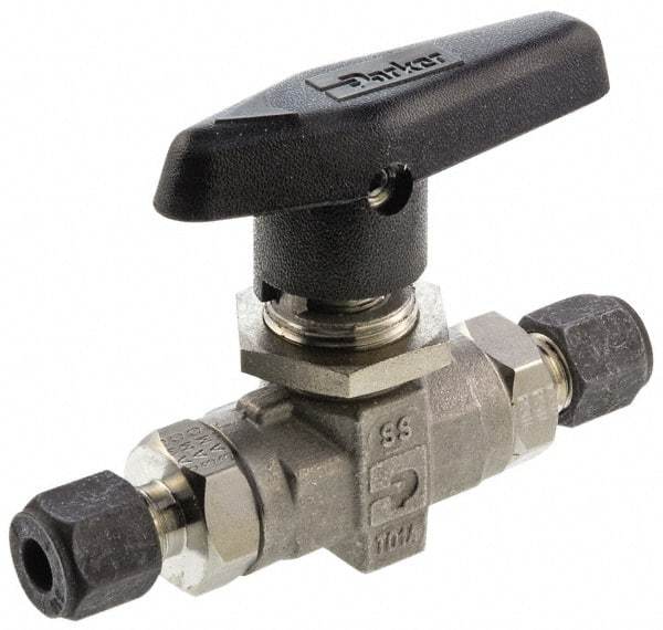 Parker - 1/4" Pipe, Compression x Compression CPI End Connections, Stainless Steel, Inline, Two Way Flow, Instrumentation Ball Valve - 6,000 psi WOG Rating, Wedge Handle, PTFE Seal, PTFE Seat - Exact Tool & Supply