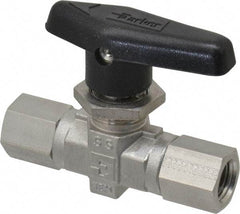 Parker - 1/4" Pipe, FNPT x FNPT End Connections, Stainless Steel, Inline, Two Way Flow, Instrumentation Ball Valve - 6,000 psi WOG Rating, Wedge Handle, PTFE Seal, PTFE Seat - Exact Tool & Supply