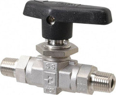 Parker - 1/4" Pipe, MNPT x MNPT End Connections, Stainless Steel, Inline, Two Way Flow, Instrumentation Ball Valve - 6,000 psi WOG Rating, Wedge Handle, PTFE Seal, PTFE Seat - Exact Tool & Supply