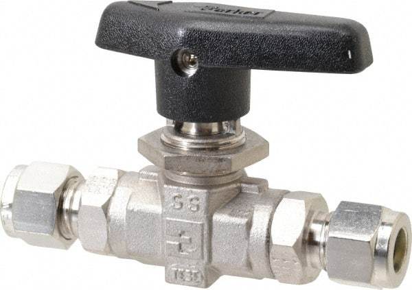 Parker - 3/8" Pipe, Stainless Steel, Inline, Two Way Flow, Instrumentation Ball Valve - 6,000 psi WOG Rating, Wedge Handle, PTFE Seal, PTFE Seat - Exact Tool & Supply