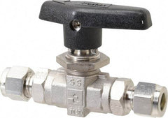 Parker - 3/8" Pipe, Stainless Steel, Inline, Two Way Flow, Instrumentation Ball Valve - 6,000 psi WOG Rating, Wedge Handle, PTFE Seal, PTFE Seat - Exact Tool & Supply
