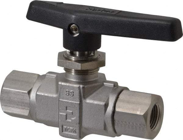 Parker - 3/8" Pipe, FNPT x FNPT End Connections, Stainless Steel, Inline, Two Way Flow, Instrumentation Ball Valve - 6,000 psi WOG Rating, Wedge Handle, PTFE Seal, PTFE Seat - Exact Tool & Supply