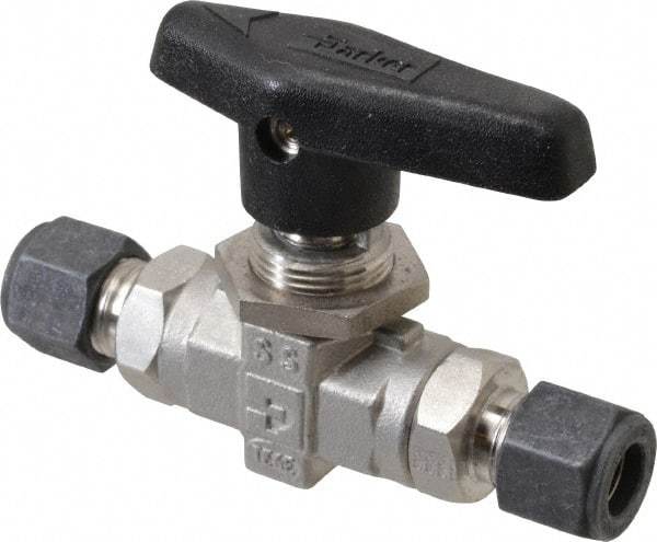 Parker - 3/8" Pipe, Compression x Compression CPI End Connections, Stainless Steel, Inline, Two Way Flow, Instrumentation Ball Valve - 6,000 psi WOG Rating, Wedge Handle, PTFE Seal, PTFE Seat - Exact Tool & Supply
