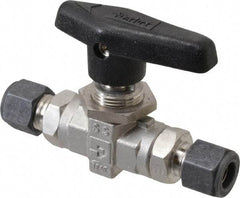 Parker - 3/8" Pipe, Compression x Compression CPI End Connections, Stainless Steel, Inline, Two Way Flow, Instrumentation Ball Valve - 6,000 psi WOG Rating, Wedge Handle, PTFE Seal, PTFE Seat - Exact Tool & Supply