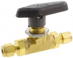 Parker - 1/4" Pipe, Brass, Inline, Two Way Flow, Instrumentation Ball Valve - 3,000 psi WOG Rating, Wedge Handle, PTFE Seal, PTFE Seat - Exact Tool & Supply
