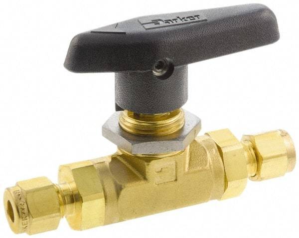 Parker - 1/8" Pipe, Brass, Inline, Two Way Flow, Instrumentation Ball Valve - 3,000 psi WOG Rating, Wedge Handle, PTFE Seal, PTFE Seat - Exact Tool & Supply