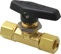 Parker - 1/8" Pipe, FNPT x FNPT End Connections, Brass, Inline, Two Way Flow, Instrumentation Ball Valve - 3,000 psi WOG Rating, Wedge Handle, PTFE Seal, PTFE Seat - Exact Tool & Supply