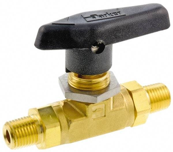 Parker - 3/8" Pipe, MNPT x MNPT End Connections, Brass, Inline, Two Way Flow, Instrumentation Ball Valve - 3,000 psi WOG Rating, Wedge Handle, PTFE Seal, PTFE Seat - Exact Tool & Supply