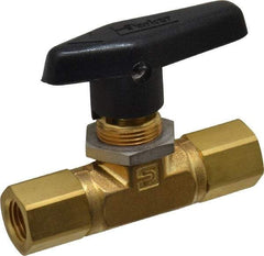 Parker - 1/4" Pipe, FNPT x FNPT End Connections, Brass, Inline, Two Way Flow, Instrumentation Ball Valve - 3,000 psi WOG Rating, Wedge Handle, PTFE Seal, PTFE Seat - Exact Tool & Supply
