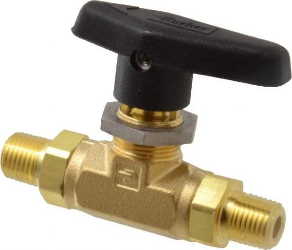 Parker - 1/4" Pipe, MNPT x MNPT End Connections, Brass, Inline, Two Way Flow, Instrumentation Ball Valve - 3,000 psi WOG Rating, Wedge Handle, PTFE Seal, PTFE Seat - Exact Tool & Supply