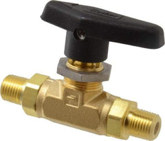 Parker - 1/4" Pipe, MNPT x MNPT End Connections, Brass, Inline, Two Way Flow, Instrumentation Ball Valve - 3,000 psi WOG Rating, Wedge Handle, PTFE Seal, PTFE Seat - Exact Tool & Supply
