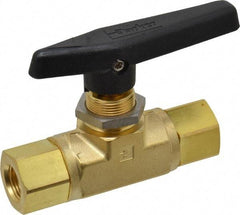 Parker - 3/8" Pipe, FNPT x FNPT End Connections, Brass, Inline, Two Way Flow, Instrumentation Ball Valve - 3,000 psi WOG Rating, Wedge Handle, PTFE Seal, PTFE Seat - Exact Tool & Supply