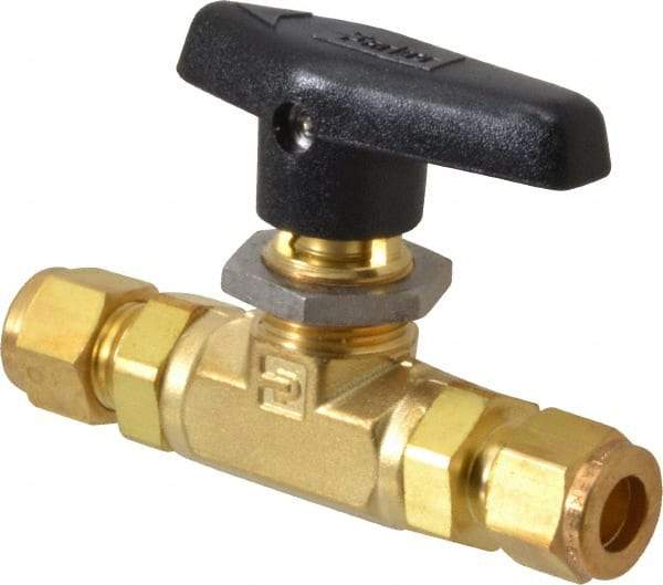 Parker - 3/8" Pipe, Compression x Compression CPI End Connections, Brass, Inline, Two Way Flow, Instrumentation Ball Valve - 3,000 psi WOG Rating, Wedge Handle, PTFE Seal, PTFE Seat - Exact Tool & Supply