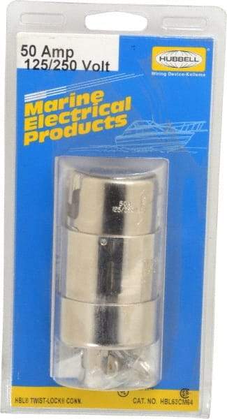 Hubbell Wiring Device-Kellems - 125/250 VAC, 50 Amp, NonNEMA Configuration, Marine Grade, Self Grounding Connector - 1 Phase, 3 Poles, IP20, 0.44 to 1.14 Inch Cord Diameter - Exact Tool & Supply
