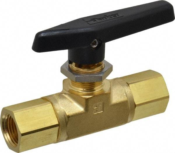 Parker - 1/2" Pipe, FNPT x FNPT End Connections, Brass, Inline, Two Way Flow, Instrumentation Ball Valve - 3,000 psi WOG Rating, Wedge Handle, PTFE Seal, PTFE Seat - Exact Tool & Supply