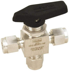 Parker - 1/8" Pipe, Stainless Steel, Three Way, Instrumentation Ball Valve - 2,500 psi WOG Rating, Wedge Handle, PFA Seat - Exact Tool & Supply