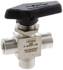 Parker - 1/8" Pipe, FNPT x FNPT x FNPT End Connections, Stainless Steel, Three Way, Instrumentation Ball Valve - 2,500 psi WOG Rating, Wedge Handle, PFA Seat - Exact Tool & Supply