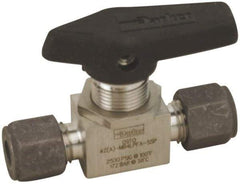 Parker - 1/4" Pipe, Compression x Compression CPI End Connections, Stainless Steel, Inline, Two Way Flow, Instrumentation Ball Valve - 2,500 psi WOG Rating, Wedge Handle, PFA Seat - Exact Tool & Supply