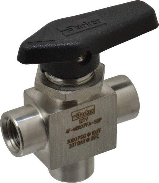 Parker - 1/4" Pipe, FNPT x FNPT x FNPT End Connections, Stainless Steel, Three Way, Instrumentation Ball Valve - 3,000 psi WOG Rating, Wedge Handle, PFA Seat - Exact Tool & Supply
