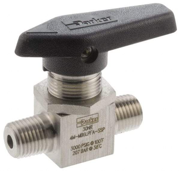 Parker - 1/4" Pipe, MNPT x MNPT End Connections, Stainless Steel, Inline, Two Way Flow, Instrumentation Ball Valve - 3,000 psi WOG Rating, Wedge Handle, PFA Seat - Exact Tool & Supply