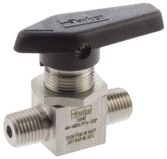Parker - 1/4" Pipe, MNPT x MNPT End Connections, Stainless Steel, Inline, Two Way Flow, Instrumentation Ball Valve - 3,000 psi WOG Rating, Wedge Handle, PFA Seat - Exact Tool & Supply