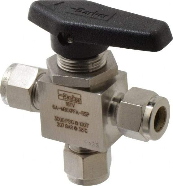 Parker - 3/8" Pipe, Stainless Steel, Three Way, Instrumentation Ball Valve - 3,000 psi WOG Rating, Wedge Handle, PFA Seat - Exact Tool & Supply