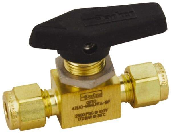 Parker - 1/8" Pipe, Compression x Compression CPI End Connections, Brass, Inline, Two Way Flow, Instrumentation Ball Valve - 2,500 psi WOG Rating, Wedge Handle, PFA Seat - Exact Tool & Supply