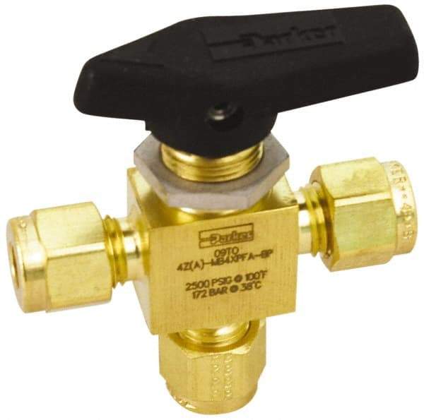Parker - 1/8" Pipe, Brass, Three Way, Instrumentation Ball Valve - 2,500 psi WOG Rating, Wedge Handle, PFA Seat - Exact Tool & Supply