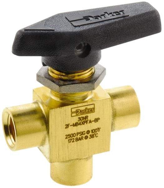 Parker - 1/8" Pipe, FNPT x FNPT x FNPT End Connections, Brass, Three Way, Instrumentation Ball Valve - 2,500 psi WOG Rating, Wedge Handle, PFA Seat - Exact Tool & Supply